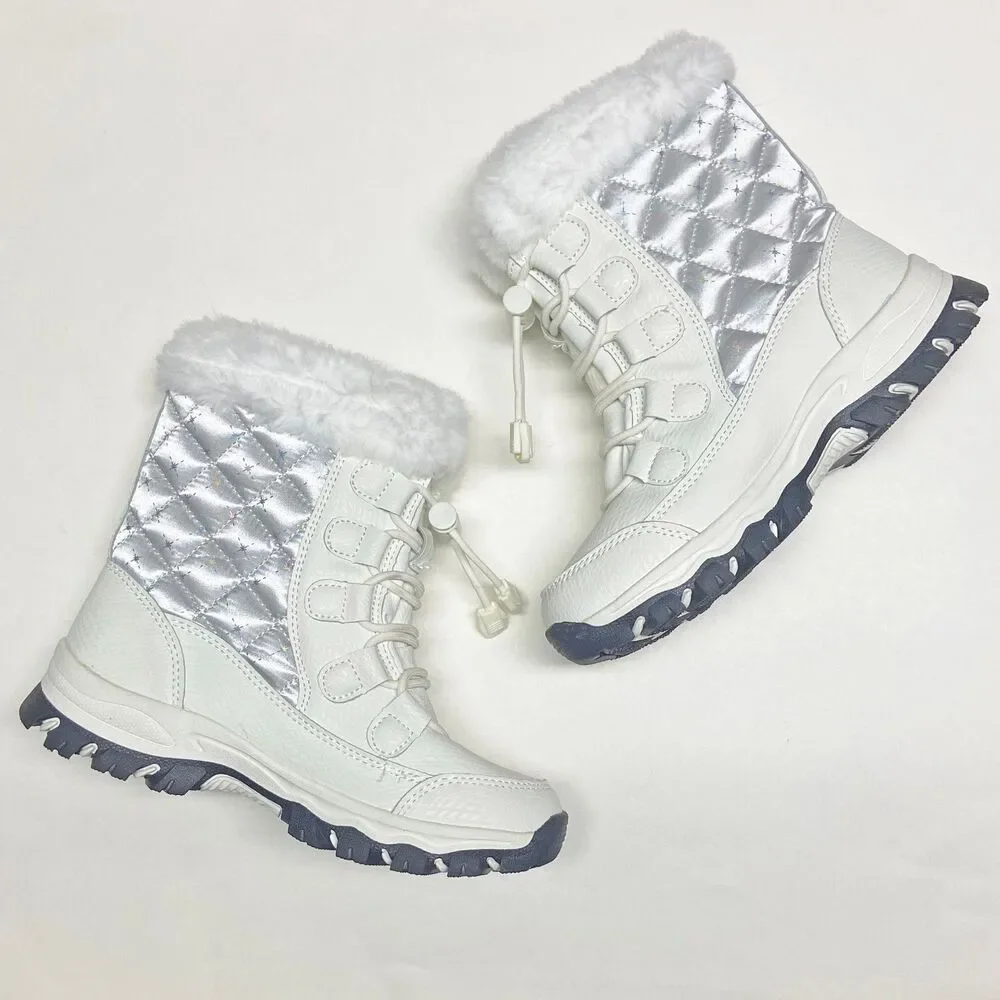 Hobibear Kids' Quilted Snow Boots Faux Fur Lined EU 36 US 4 White Silver Lace-up